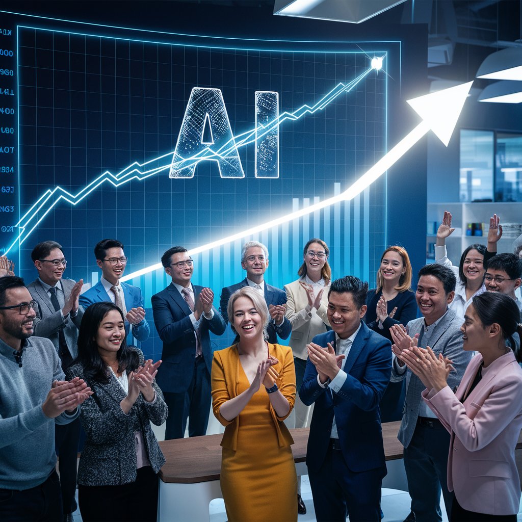 Team of people celebrating success with AI.